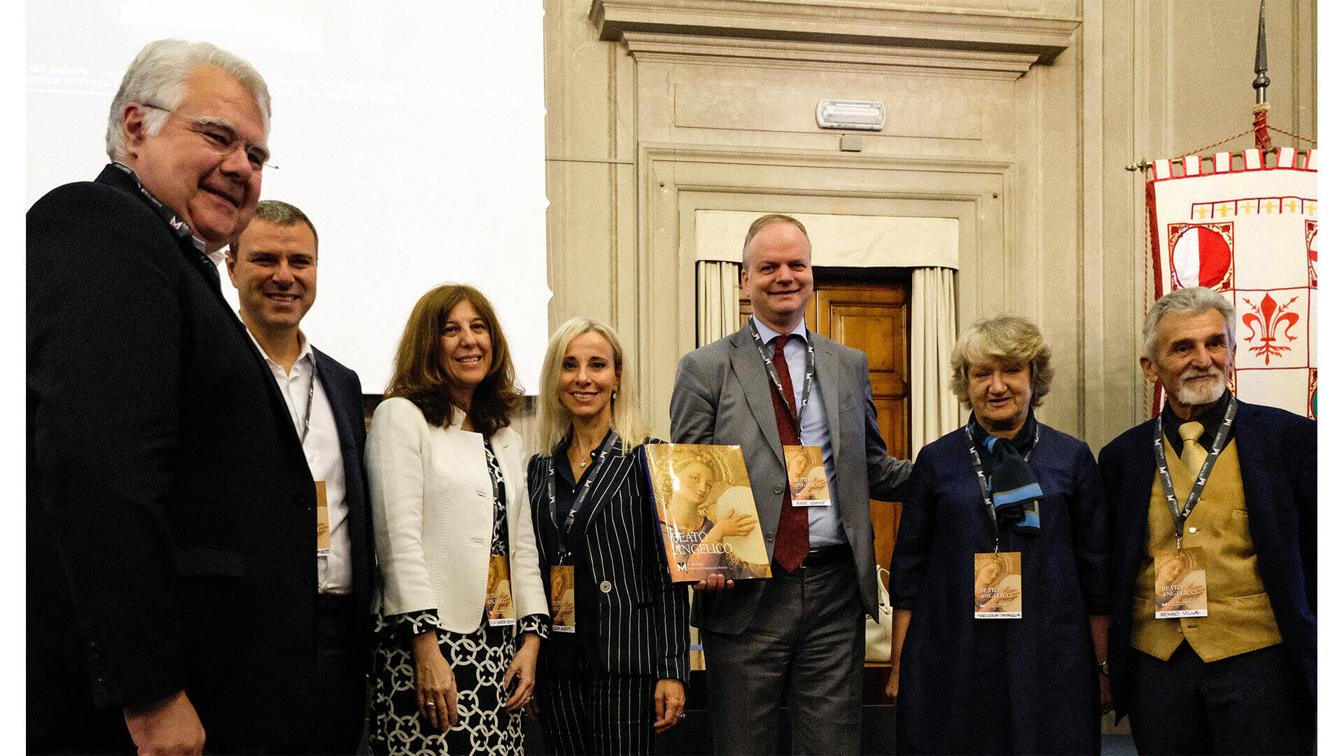 Presentazione del volume d'arte Menarini, 'Beato Angelico' - da sinistra Eric Cornut (Presidente di Menarini), Alberto Giovanni Aleotti (membro del Board di Menarini), Elcin Barker Ergun (CEO di Menarini), Lucia Aleotti (membro del Board di Menarini), Eike Schmidt (direttore delle Gallerie degli Uffizi), Marilena Tamassia (direttore del Museo di San Marco) e Renzo Villa (autore del volume d'arte 'Beato Angelico')